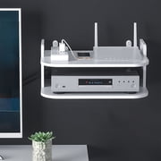 Punch-Free Wall Mounted Router Shelf, Wooden WiFi Box Storage Organizer, No Drilling Floating Shelf for Modem Cable Box, Living Room Bedroom Set Top Box Holder White