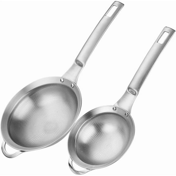 Punch Hole Sieve Fine Mesh Stainless Steel Small Colaner Strainer With Hanle Metal Micro Sifter Set of 2 for Kitchen Baking an Foo Filter Rice,Tea,Pasta,Flour,Juice,Mini 3.55 an 4.33 Inch