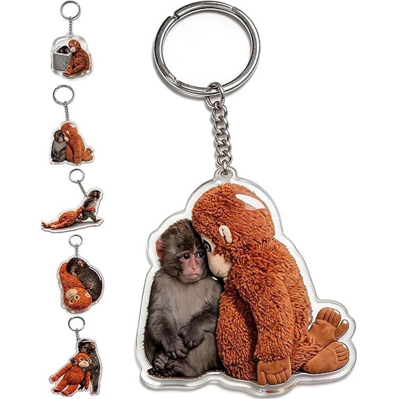 Punch Keychain Decoration | Cute Monkey Holding Plush Toy | Protect Punch The Monkey Keychain for Backpack Purse Car Keys(B)