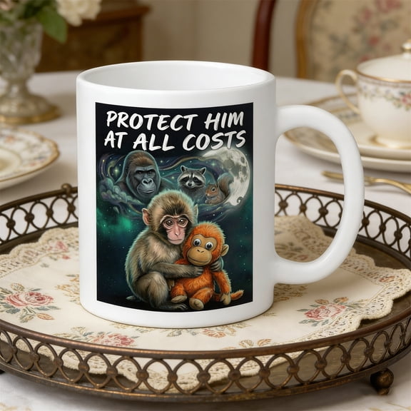 Punch Monkey Ceramic Coffee Mug – Cute Baby Monkey Cup with “Protect Him At All Costs” Design, Dishwasher & Microwave Safe, Novelty Gift for Animal Lovers(A)