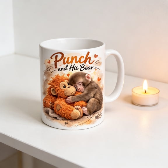 Punch Monkey Cute Monkey Mug 11oz Ceramic Coffee Cup, Cute Monkey with Orangutan Teddy Design, Novelty Gifts for Coffee Tea and Animal Lovers