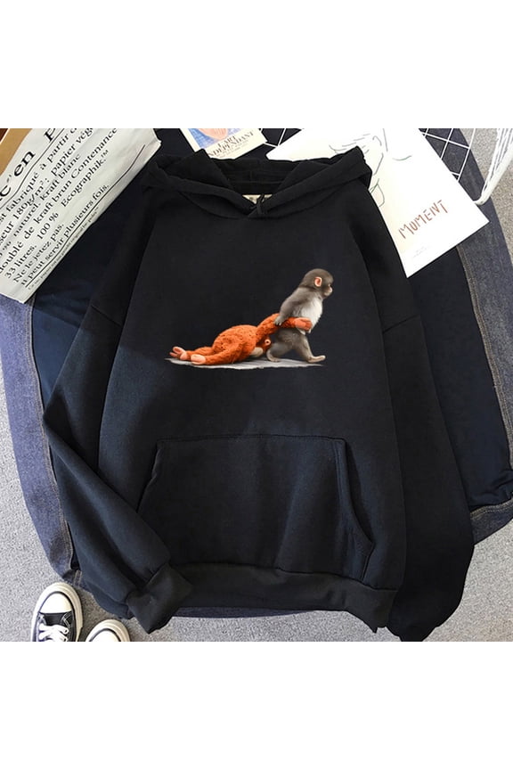 Punch Monkey Graphic Hoodie Cute Humor Animal Shirt Casual Sweatshirt Comic Pullovers
