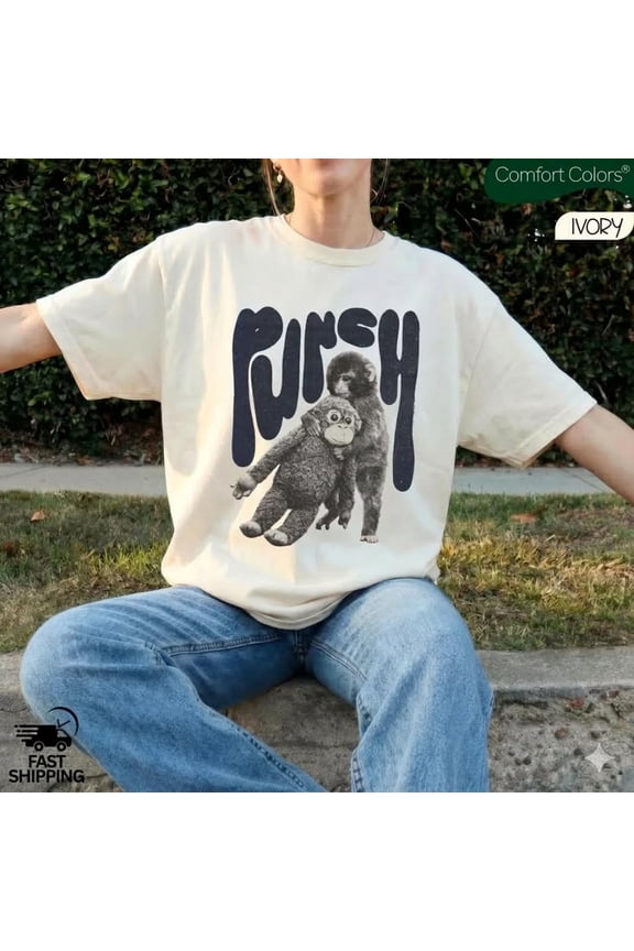 Punch Monkey Graphic Shirt, Baby Monkey Holding Plush Toy Vintage Illustration Tee, Retro Punch Lettering Animal Artwork Comfort Colors Unisex Cotton T-Shirt, Sizes S-3XL