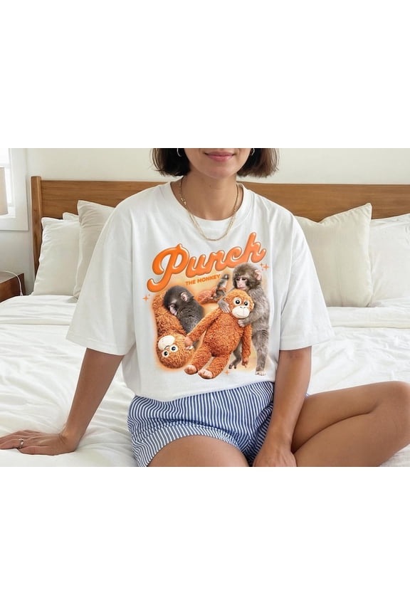 Punch Monkey Graphic T-Shirt, Monkey Holding Plush Toy, Retro Style Unisex Cotton Tee