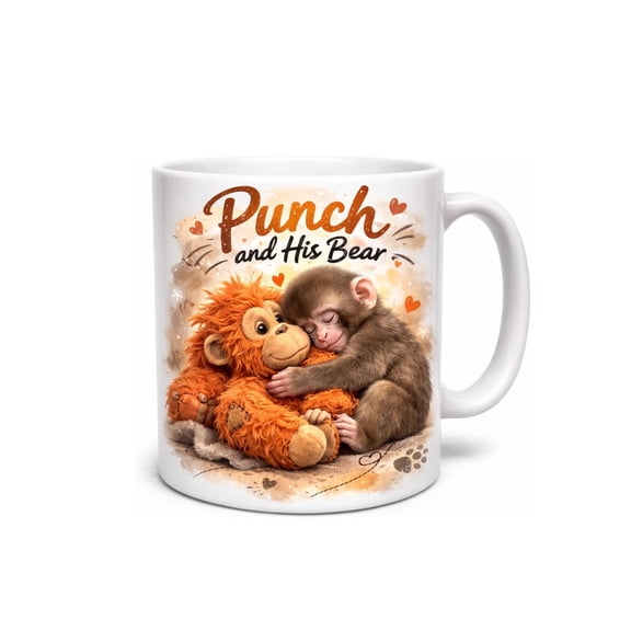 Punch Monkey Mug, Punch and His Bear Mug, Inspirational Little Monkey Ceramic Coffee Mug, Unique Motivational Gift for Animal Lovers