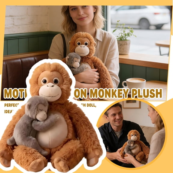 Punch Monkey Plush Cuddly Orangutan with Baby Macaque Soft Stuffed Animal Gift for Kids & Adults Birthday & Nursery Decor