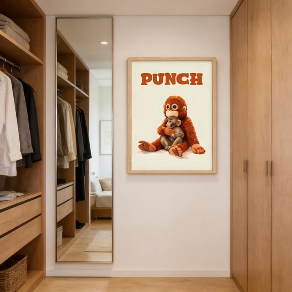 Punch Monkey Wall Art, Cute Baby Monkey Poster Print, Monkey Illustration, Nursery Animal Art, Cozy Minimal Kids Room Decor, Cute Baby Macaque Punch Artwork, Hugging Stuffed Animal Wall Poster