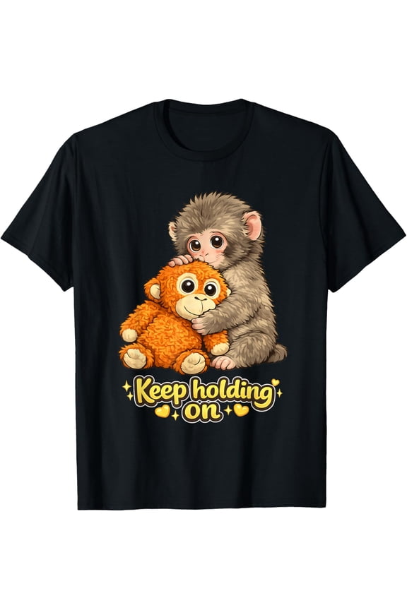 Punch Monkey With Bear Cuddling Keep Holding On Shirt BLACK Unisex S-5XL Trending Shirt