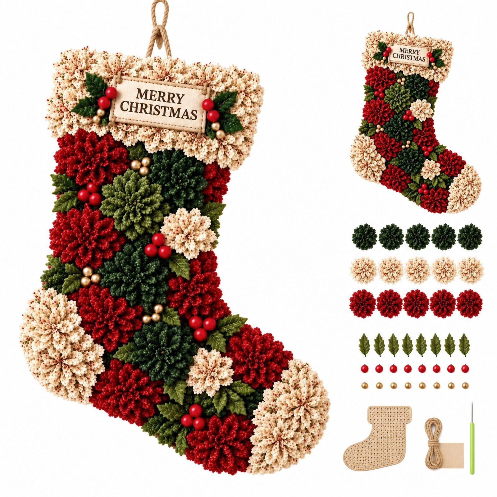 Ruby Slippers Diy Punch Needle Christmas Stocking Kit with Beads and Leaves, Red Green ...