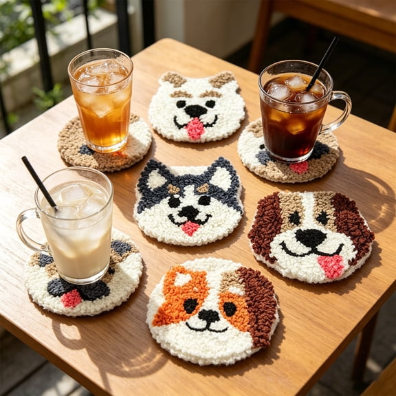 Punch Needle Coaster Diy Kit,Dog Pattern Complete Beginner Rug Hooking Material Set Unfinished HandMaking Cup Mat Supplies For Adult Home Art Craft Project(Black-3.9")