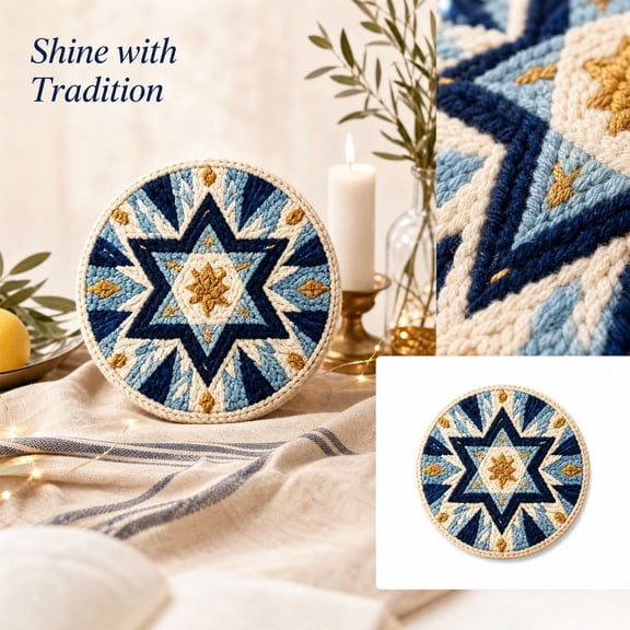 Punch Needle Coaster, Hanukkah Embroidered Round Coaster, Blue and Gold Star of David Decor for Diy Holiday Home Table