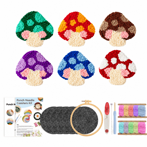 Punch Needle Coaster Kit - 22PCS Easy Art Work Decor Coasters Kits for Beginners DIY Mushroom Pattern Tufted Rug Pads with Adhesive Felt Yarns Embroidery Hoop Instruction 6 Set