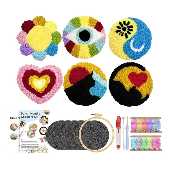 Punch Needle Coaster Kit, 6 Set DIY Tufted Rug Pads Kit, Relaxing Craft Hobby for Adults Beginners (art picture)
