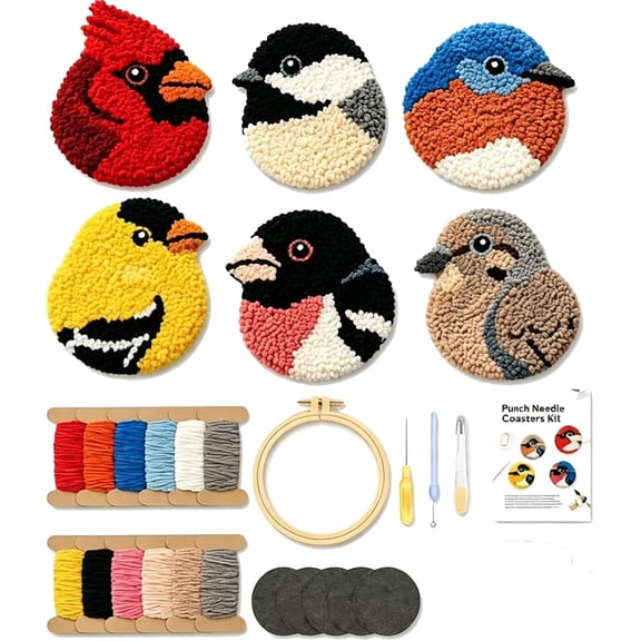 Punch Needle Coaster Kit DIY, 6 Pack Northern Birds Series Rug Hooking Embroidery Craft Set with Yarn Hoop Tools, Art Gift for Adults Beginners(xw)