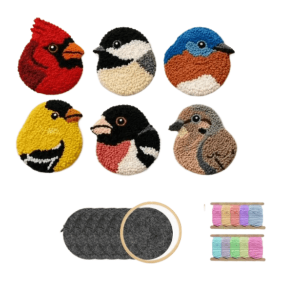 Punch Needle Coaster Kit for Adults Beginners, 6 Pack DIY Bird Coasters Set with Pre-Printed Patterns, Yarn, Hoop & Tools, Stress Relief Craft Kit