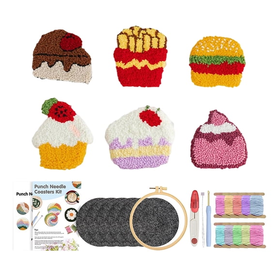 Punch Needle Coasters Kit, 6 Pcs Cute Dessert Pattern Diy Handmade Embroidery Coaster Set For Home Table Decoration
