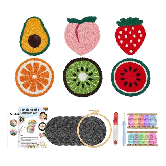 Punch Needle Coasters Kit, 6 Pcs Fruit Pattern Diy Handmade Embroidery Coaster Set For Beginners Home Table Decoration