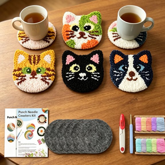 Punch Needle Coasters Kit, Punch Needle Kits Adults Beginner, Cat Coasters Kit with Adhesive Felt, Yarns, Embroidery , Instruction