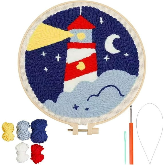 Punch Needle Craft Kit Lighthouse Punch Needle Kits with Sewing Pinch Yarns Wood Hoop Shelf Stamped Pattern Set for Adults Beginners Making Garments Pillows DIY Crafts Gifts colorful DIY