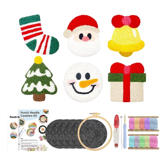 # Punch Needle Embroidery Kit 6 Piece Christmas Themed Coaster Set with Complete Tools, Punch Needle Kit for Beginners, Diy Handmade Winter Holiday Craft Set for Adults and Kids,