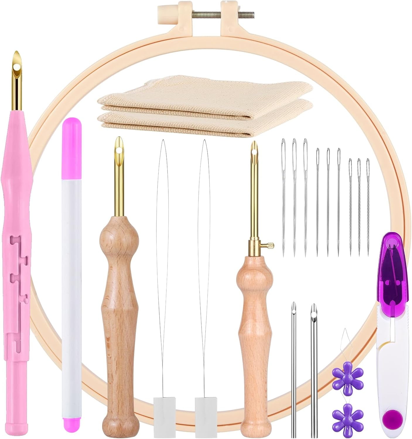 Punch Needle Embroidery Kit - Adjustable Tool, Wooden Handle Pen, Hoops, Cloth, Big Eye Needles, Threaders (Pink)