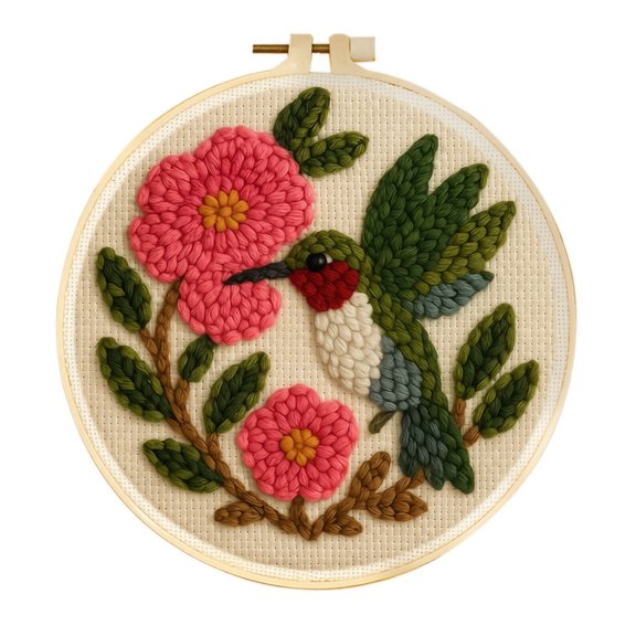 Punch Needle Embroidery Kit, Beginner Friendly Hummingbird Floral Design, 7.9 Inch Round Embroidery Hoop Included, for DIY Handmade Craft Adults Starter Home Decor Art Project