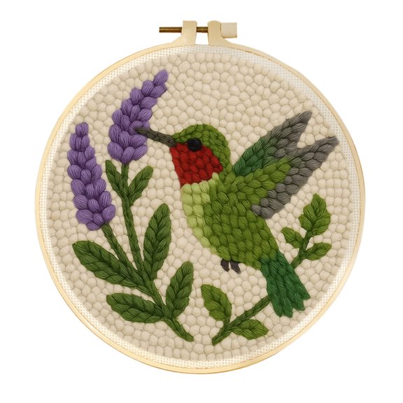 Punch Needle Embroidery Kit, Beginner Friendly Hummingbird Lavender Pattern, 7.9 Inch Embroidery Hoop Included, Handmade DIY Craft Supplies for Home Wall Decor Art Projects