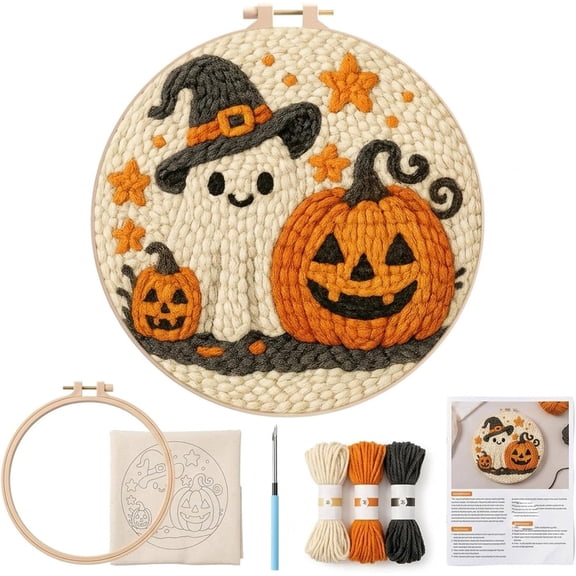 Punch Needle Embroidery Kit for Beginners Adults Cute Halloween Ghost Witch Pumpkin Decor 8 Inch Embroidery Hoop Halloween Craft Wall Art Holiday Gift Includes Yarn and Tools