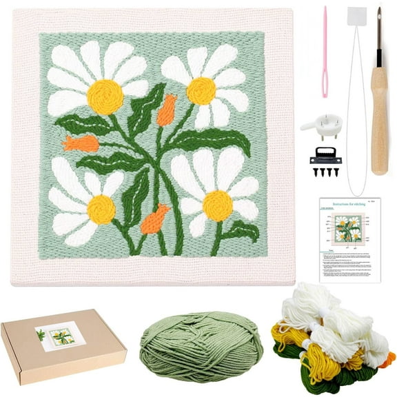 Punch Needle Embroidery Kit for Beginners & Kids - All-Inclusive Starter Kit with Frame, Hoops, Pattern Fabric, Yarn, Needles & Threader | DIY Craft Supplies (Green Daisy Design)