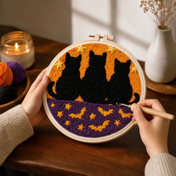 Punch Needle Embroidery Kit Featuring Black Cat Halloween Design, Spooky Craft Supplies for Beginners, Cute Fall Home Decor Gifts 1 Set