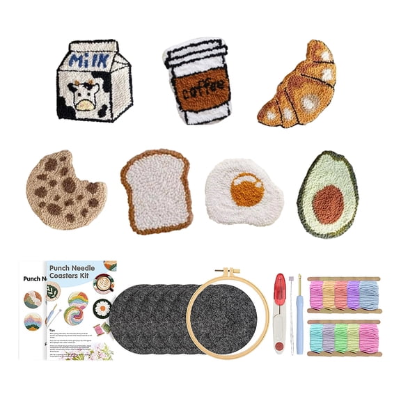 Punch Needle Embroidery Kit Punch Needle Kit 7 Piece Breakfast Themed Coaster Set Diy Needle Punch Kit for Beginners with Punch Needle Fabric Punch Needle Frame Complete Handmade