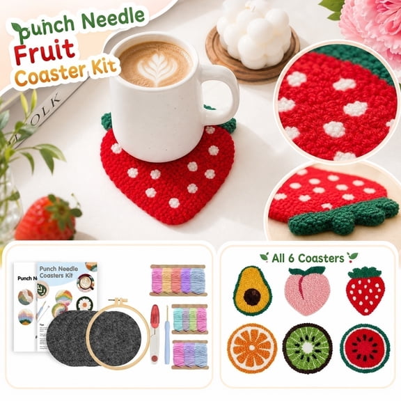 Punch Needle Embroidery Kit, Punch Needle Kit for Beginners, 6 Piece Fruit Coasters Diy Craft Set, Complete Supplies for Adults for Home Decoration and Handmade Projects