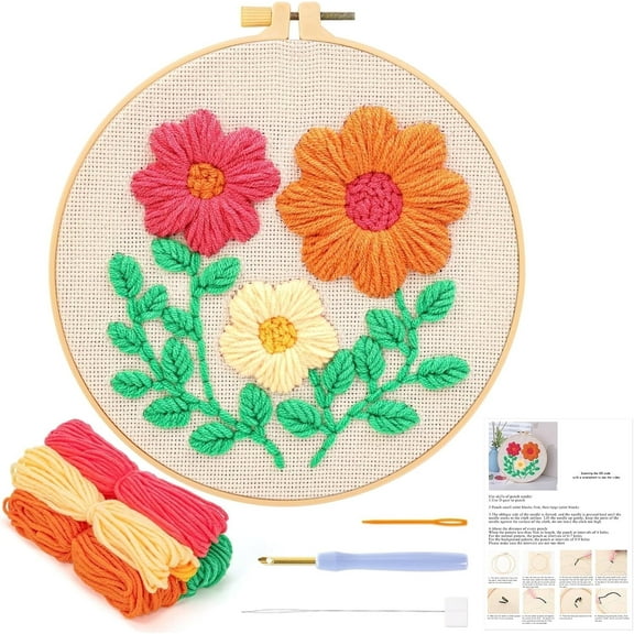 Punch Needle Kits for Beginners, Floral Leaf Punch Needle Embroidery Starter Craft Set with Hoop Easy for Adults and Children Festival Gift and Decoration