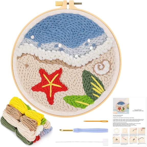 Punch Needle Embroidery Starter Kits for Adults Beginners, Tropical Beach Handicraft Punch Needle Kits with Embroidery Hoops and Tools, Craft Gifts and Decoration