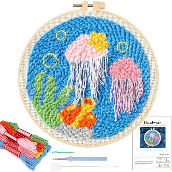 Punch Needle Embroidery Starter Kits Jellyfish Beginner Rug Hooking with Instructions Hoops Tool Handcraft DIY Craft Yarn Rug-Punch Pinch for Adults Cross Stitch Accessories