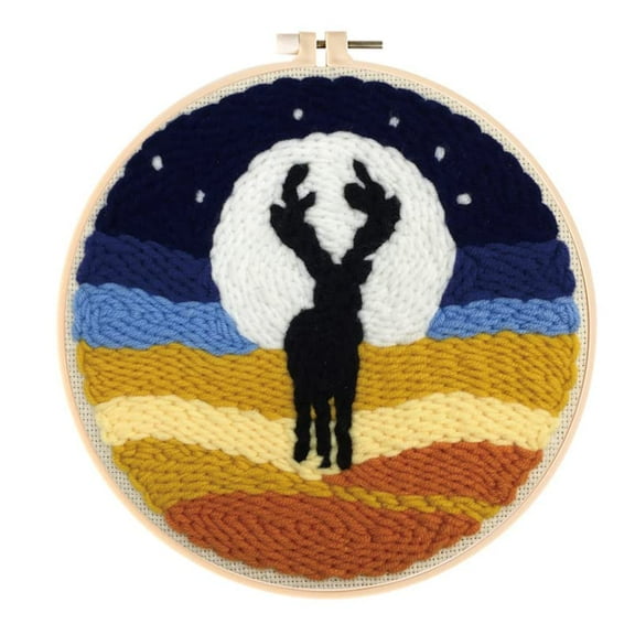 Punch Needle Embroidery Starter Kits for Kids and Adults Beginners with Punch Needle Tool,Threader, Stamped Fabric Embroidery,20cm Hoop,Stamped Deer Pattern Rug Punch Needle