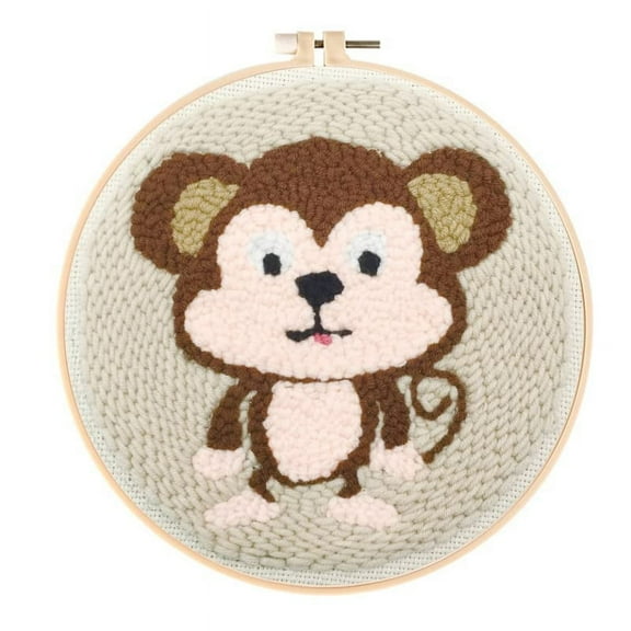 Punch Needle Embroidery Starter Kits for Kids and Adults Beginners with Punch Needle Tool,Threader, Stamped Fabric Embroidery,20cm Hoop,Stamped Monkey Pattern Rug Punch Needle