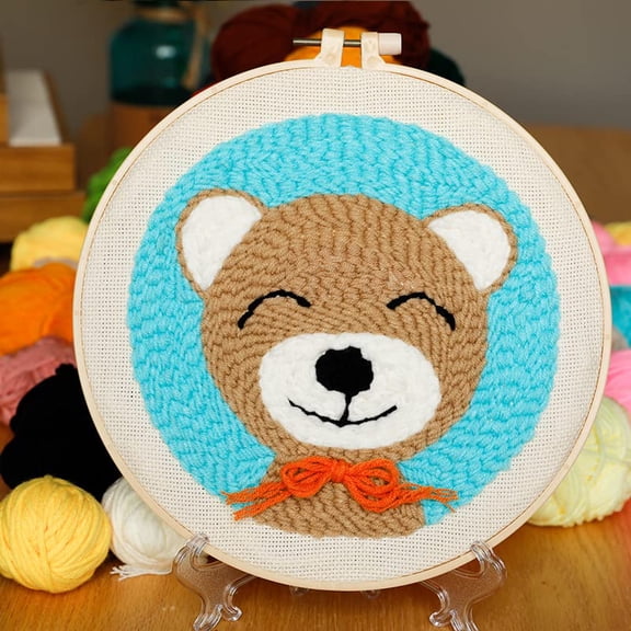 Punch Needle Embroidery Starter Kits for Kids and Adults Beginners with Punch Needle Tool,Threader, Stamped Fabric Embroidery,Hoop,Bear Yarn Rug Punch Needle