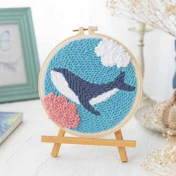 Punch Needle Embroidery Starter Kits for Kids and Adults Beginners with Punch Needle Tool,Threader, Stamped Fabric Embroidery,Hoop,Blue Shark Yarn Rug Punch Needle