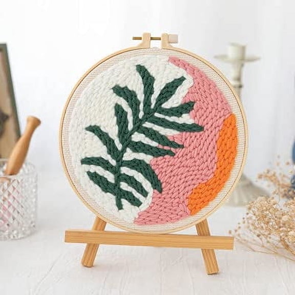 Punch Needle Embroidery Starter Kits for Kids and Adults Beginners with Punch Needle Tool,Threader, Stamped Fabric Embroidery,Hoop,Leaf & Pink Yarn Rug Punch Needle