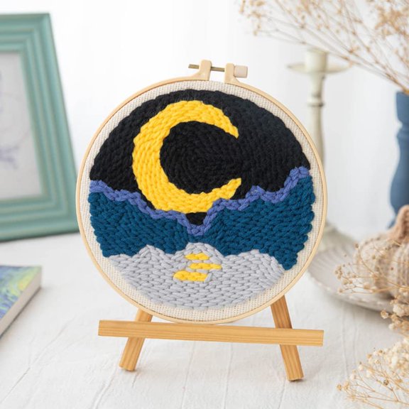 Punch Needle Embroidery Starter Kits for Kids and Adults Beginners with Punch Needle Tool,Threader, Stamped Fabric Embroidery,Hoop,Moon in Dark Night Yarn Rug Punch Needle