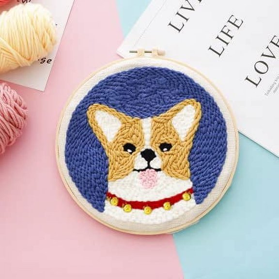 Punch Needle Embroidery Starter Kits for Kids and Adults Beginners with Punch Needle Tool,Threader, Stamped Fabric Embroidery,Hoop,Shiba Inu Yarn Rug Punch Needle
