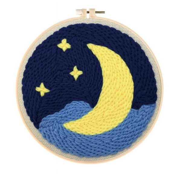 Punch Needle Embroidery Starter Kits for Kids and Adults Beginners with Punch Needle Tool,Threader, Stamped Fabric Embroidery,20cm Hoop,Moon Stars Stamped Pattern Rug Punch Needle