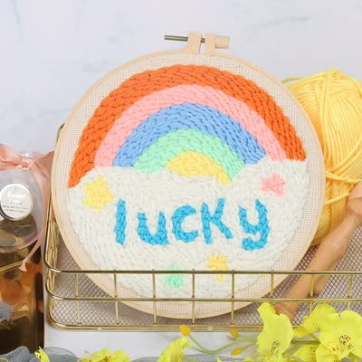 Punch Needle Embroidery Starter Kits for Kids and Adults Beginners with Punch Needle Tool,Threader, Stamped Fabric Embroidery,Hoop,Lucky Rainbow Yarn Rug Punch Needle