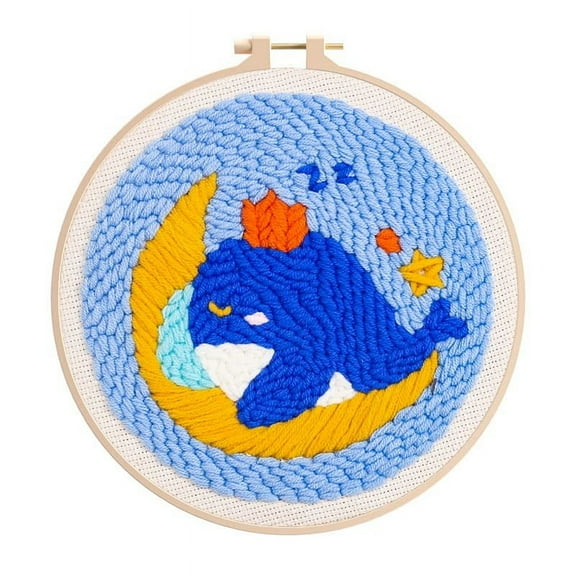 Punch Needle Embroidery Starter Kits for Kids and Adults Beginners with Punch Needle Tool,Threader, Stamped Fabric Embroidery,Hoop,Pen,Moon Dolphin Punch Needle Kits