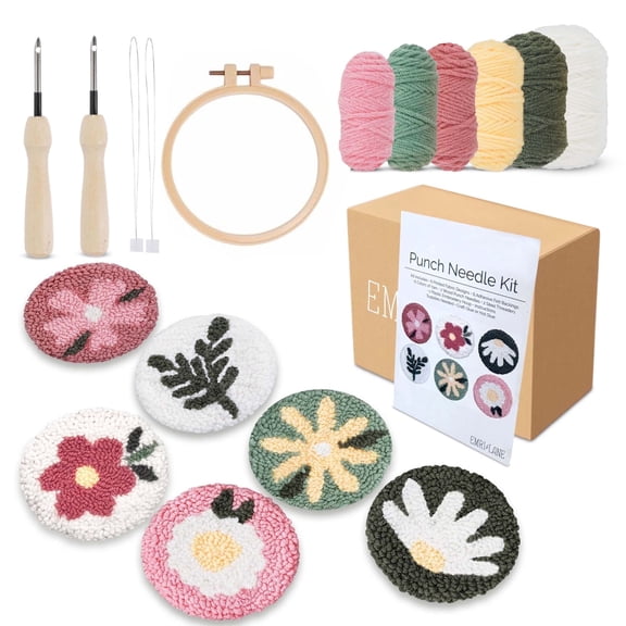 Emri Lane Floral Punch Needle Kit for Beginners Includes Embroidery Hoop, Punch Needle Tools Yarn and Monk Cloth DIY Craft Set of 6