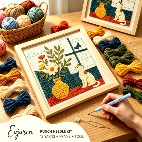 Punch Needle Kit for Beginners, Cat & Flower Embroidery Starter Kit with Pattern Punch Needle Pen Yarn for Beginner(9.8" x 9.8")