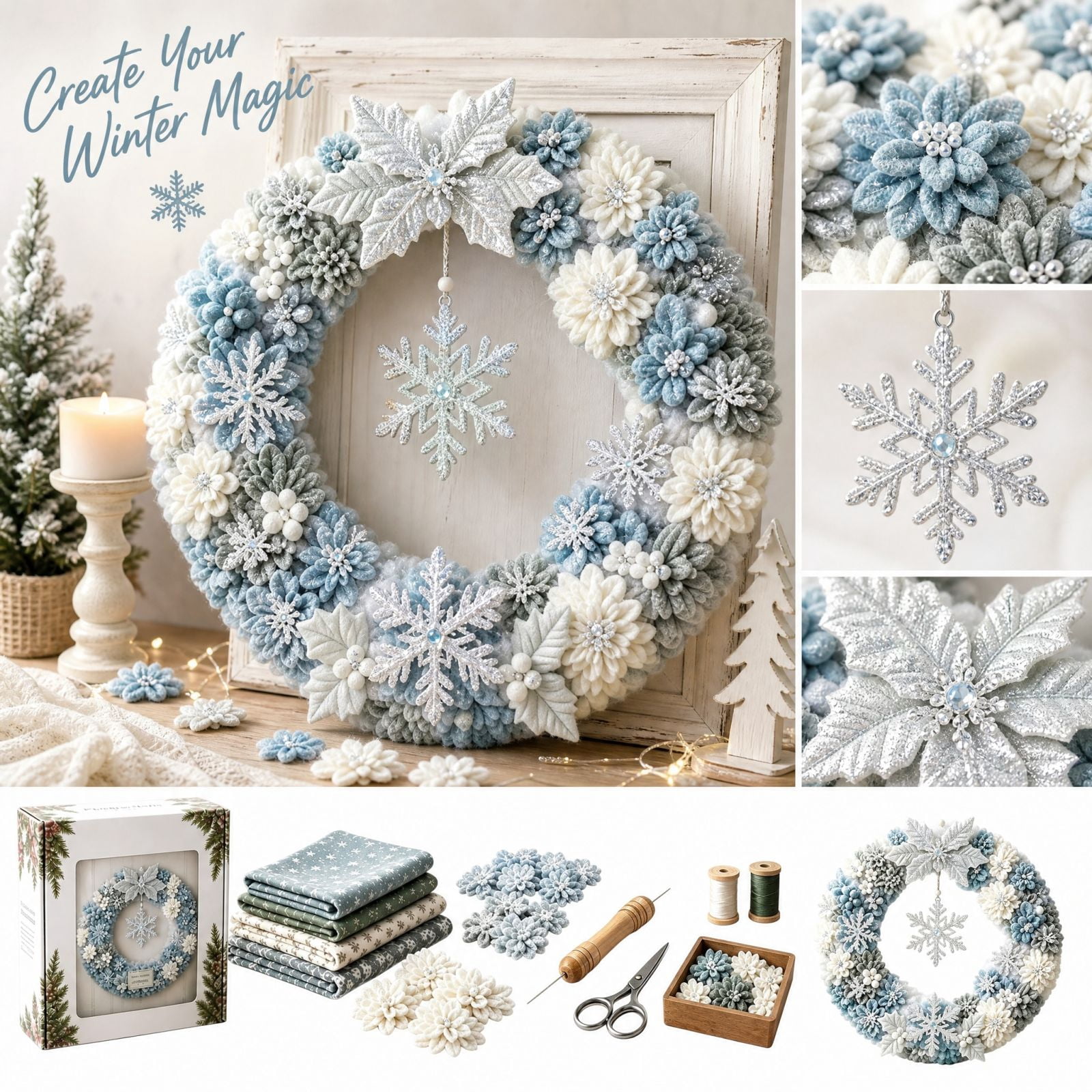 Rustic White Roses Punch Needle Kit for Wreath Making with Blue and White Fabric Flowers ...