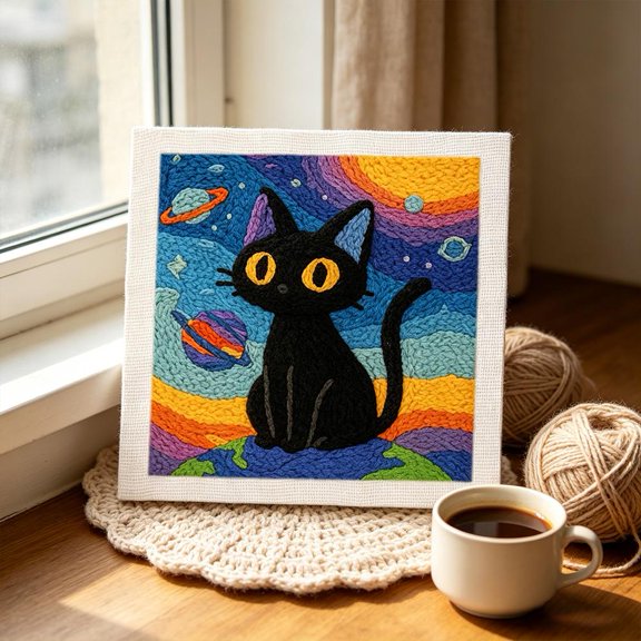 Punch Needle Kit for Beginners, 9.8" x 9.8" Cat Pattern Embroidery Set, Yarn Rug Hooking Kit with Pre-Printed Fabric, Relaxing DIY Craft