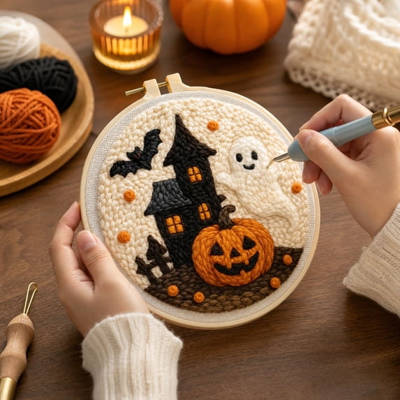 Punch Needle Kit for Beginners with Wooden Hoop and Yarn, Halloween Embroidery Kit for Home Decor, Spooky Halloween Decor 1 Set
